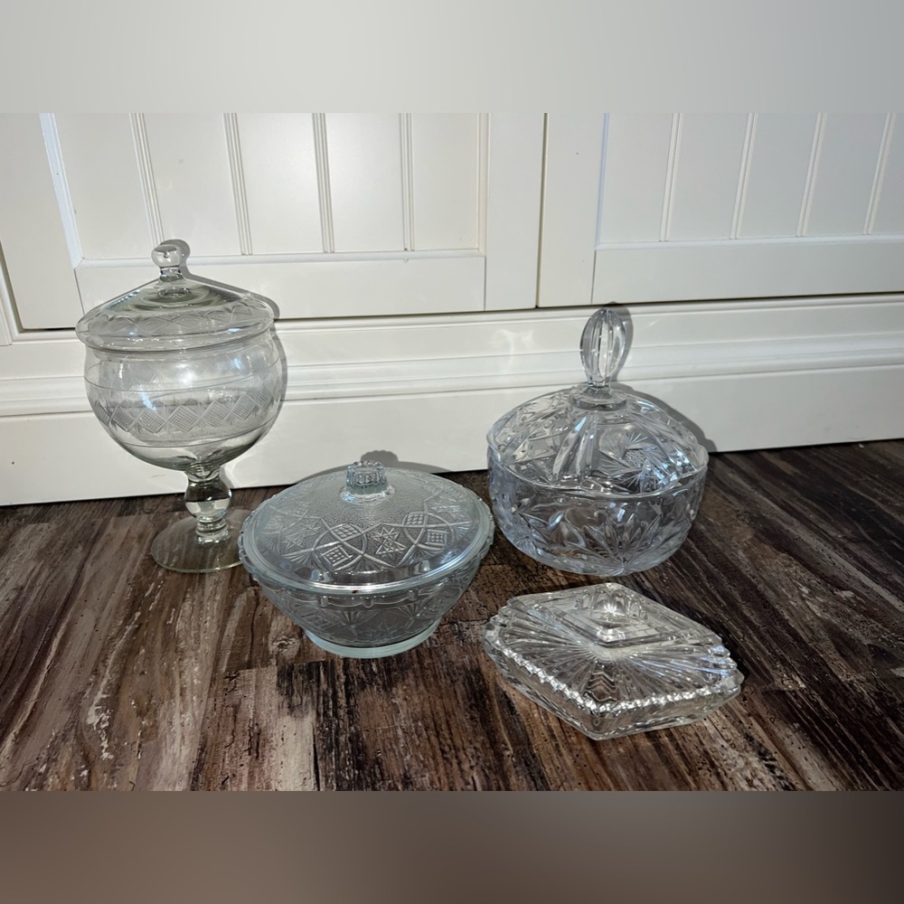 Vintage crystal blown Glass dish collection of four candy dish art deco